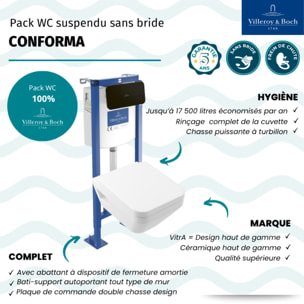 Pack WC suspendu sans bride Villeroy & Boch Architectura Twistflush [e³] rectangle + bâti-support sol et mur + plaque noir
