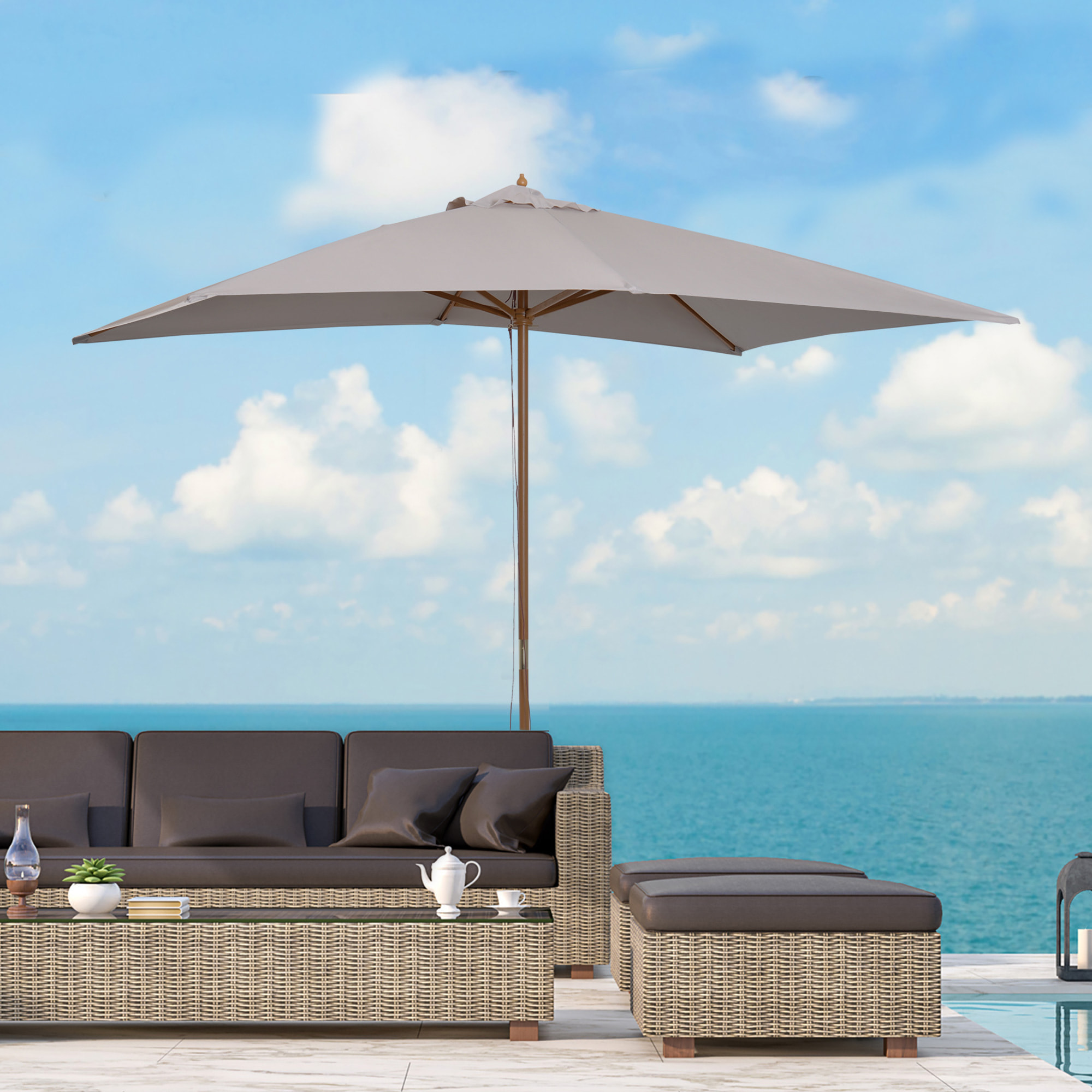 Sombrilla Terraza Exterior 295x200 cm Sombrilla de Jardín Rectangular Ajustable con Mástil de Madera y Manivela Impermeable Parasol para Patio Terraza Gris