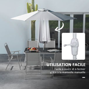 Ensemble salon de jardin 6 places 8 pièces - parasol, table, 6 chaises pliantes - métal époxy textilène polyester gris