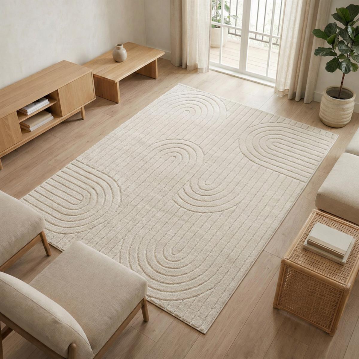 Tapis salon, motif géométrique en relief, poil ras, RAFI
