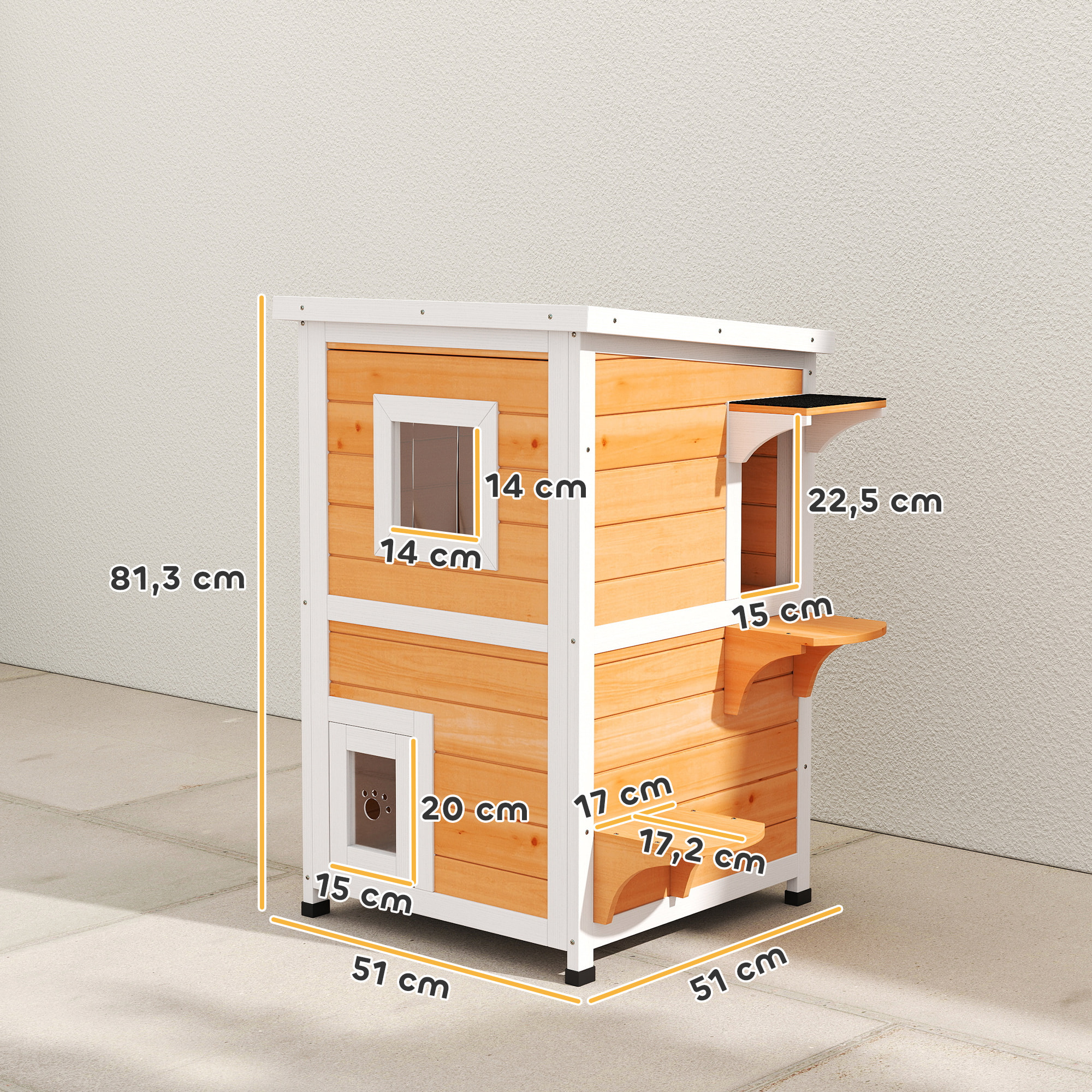 Caseta para Gatos de Madera Exterior, Casa para Gatos de 2 Niveles con Techo Abatible, Panel Central Extraíble, Ventanas, Puertas, para Terraza, Balcón, Jardín, 51x51x81,3 cm, Natural y Blanco