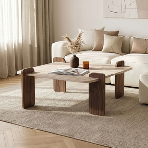 Table basse carrée effet travertin et noyer 90x90cm BROOKLYN