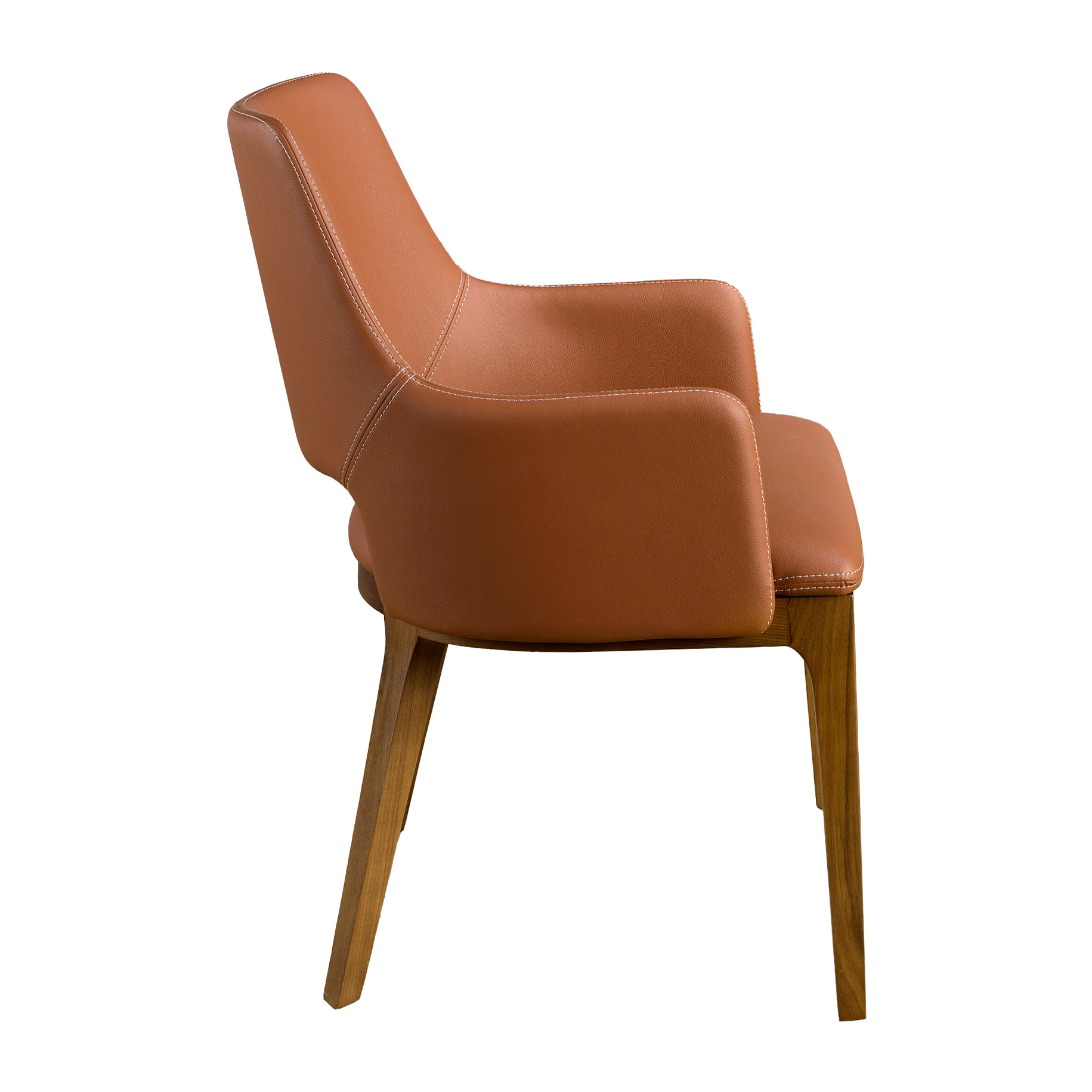 Silla con reposabrazos asiento y respaldo tapizados en polipiel marrón patas de madera chapada en nogal natural 54x61x83cm