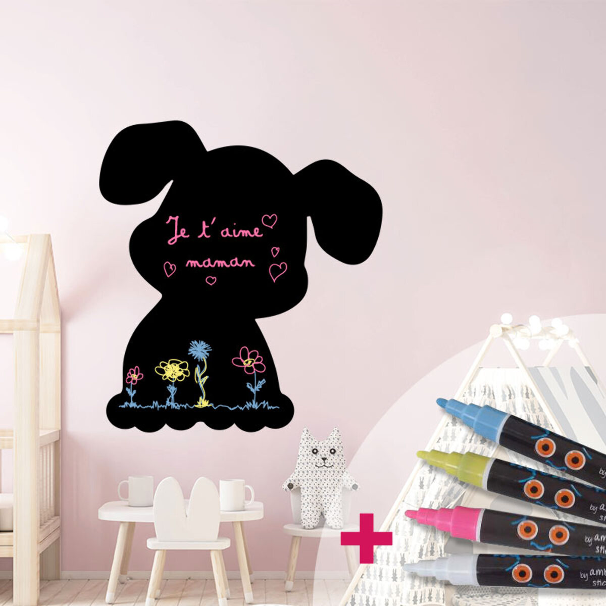 Sticker ardoise tableau noir - stickers muraux adhésif effaçable - CHIOT + 4 CRAIES LIQUIDES