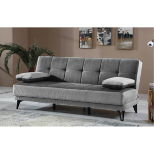 Divano letto Jordi, Divano letto a 3 posti con piedini in metallo nero , Sofà da soggiorno in tessuto imbottito con apertura click-clack, 190x87h97 cm, Grigio