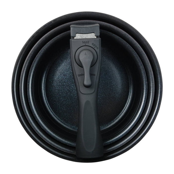 juego de 3 cazos ø16ø18ø20cm aluminio prensado en 3 colores + mango extraíble