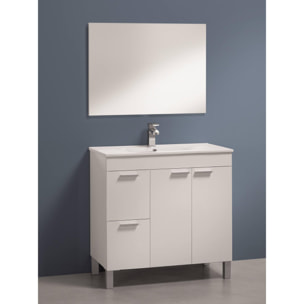 Mobile sottolavabo Lakewood, Mobiletto per bagno, Armadio a 2 ante e due cassetti con specchio, lavabo non incluso, cm 80x45h80, Bianco lucido