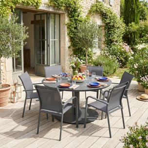 Table de jardin ronde aluminium + 6 assises OREVA + BUFFALO