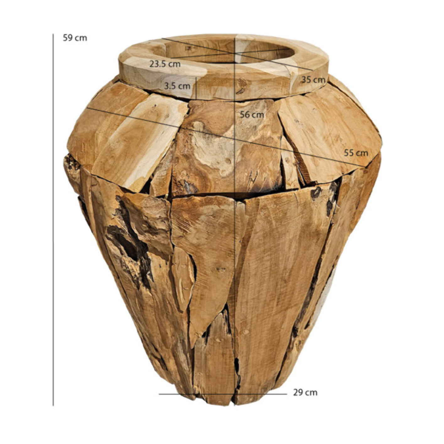 Vase décoratif bois de teck massif H. 59 cm artisanale - VIENNE