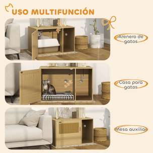 Mueble Arenero para Gatos, Caja de Arena para Gatos con Almohadilla para Rascar y Puerta de Ratán, Mesa Auxiliar para Salón, Dormitorio, 80x50x50 cm, Roble