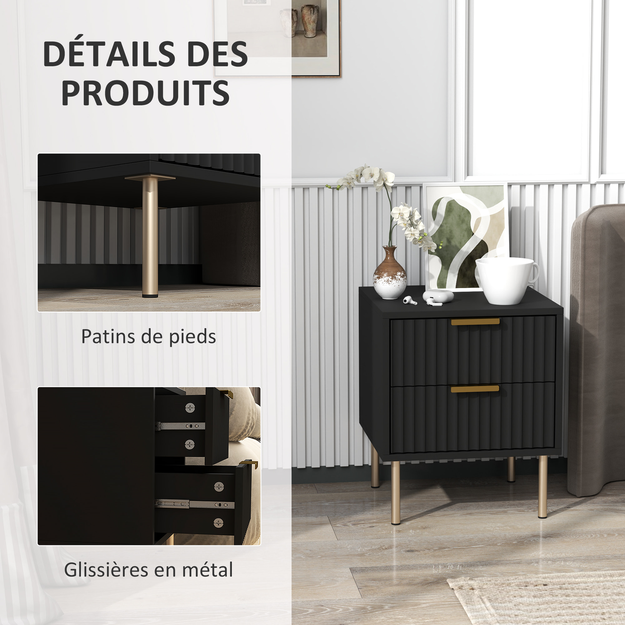 Chevet design contemporain 2 tiroirs effet cannelé coloris champagne doré noir