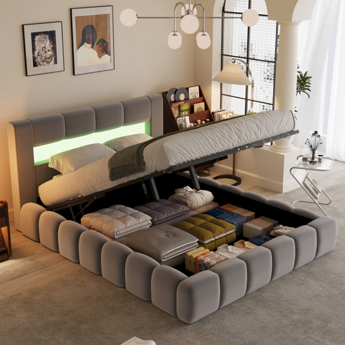MAKILA Lit nuage coffre LED 160x200cm velours gris avec tête de lit et sommier