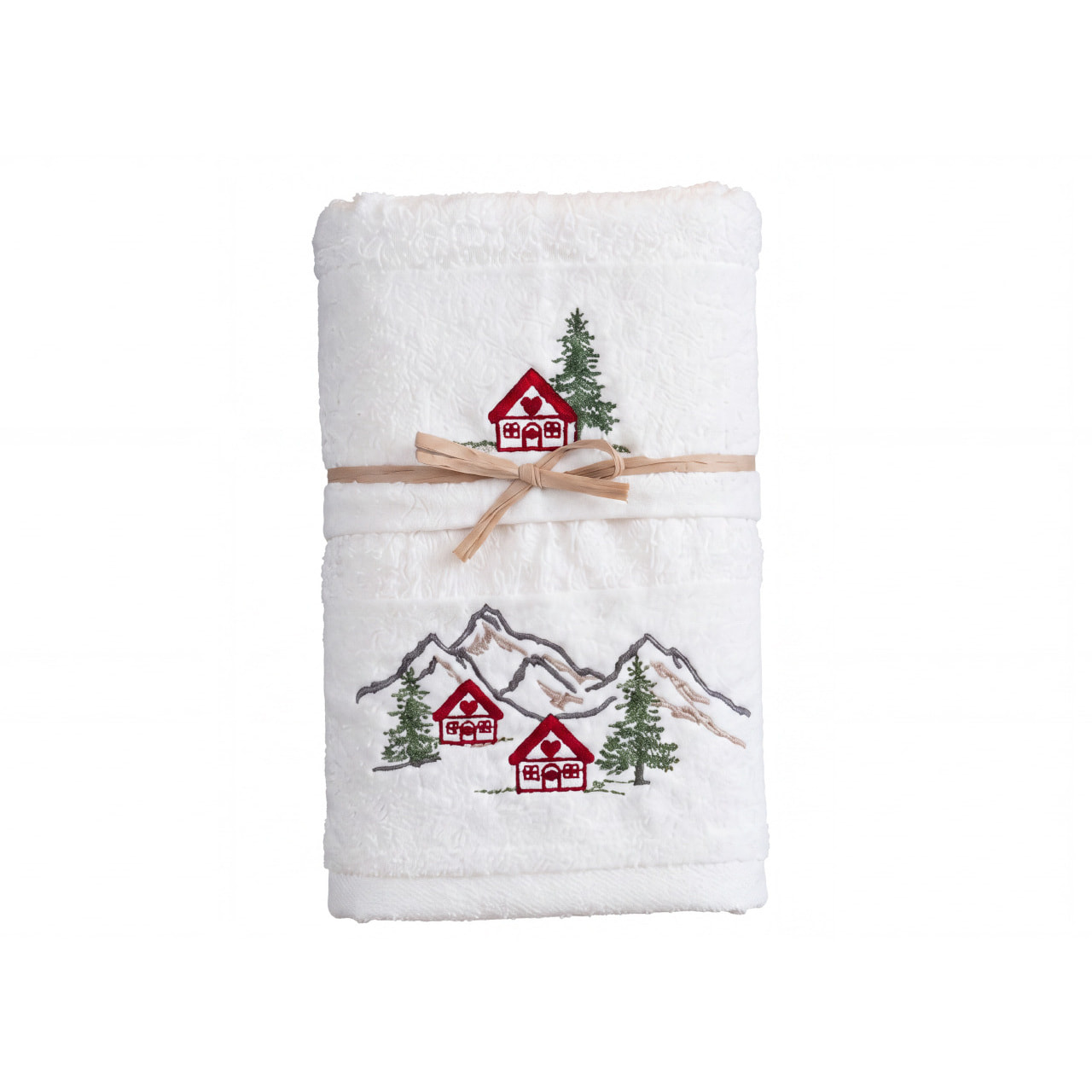 Set Asciugamano Ospite in Spugna 100% Cotone Fantasia Tirolese Natalizia Disegno Malga Bianco
