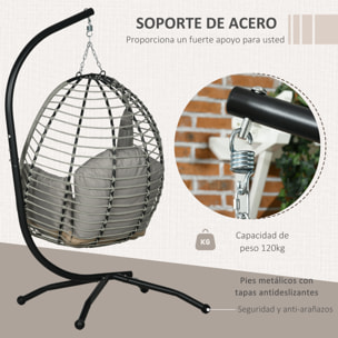 Silla Colgante Huevo con Soporte Columpio de Jardín Exterior con Cesta Plegable Cojín y Reposacabezas Columpio Colgante para Interior y Exterior Carga 120 kg Gris y Negro