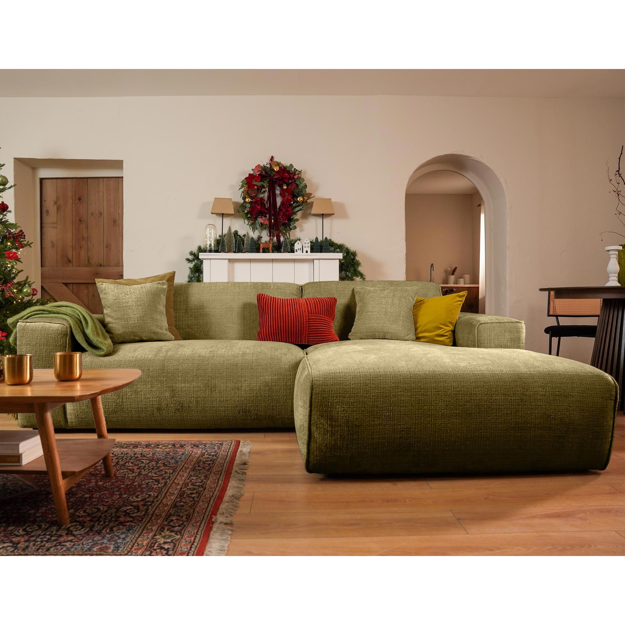 Lison - Canapé d'angle droit 4 places en velours texturé - Vert Kaki