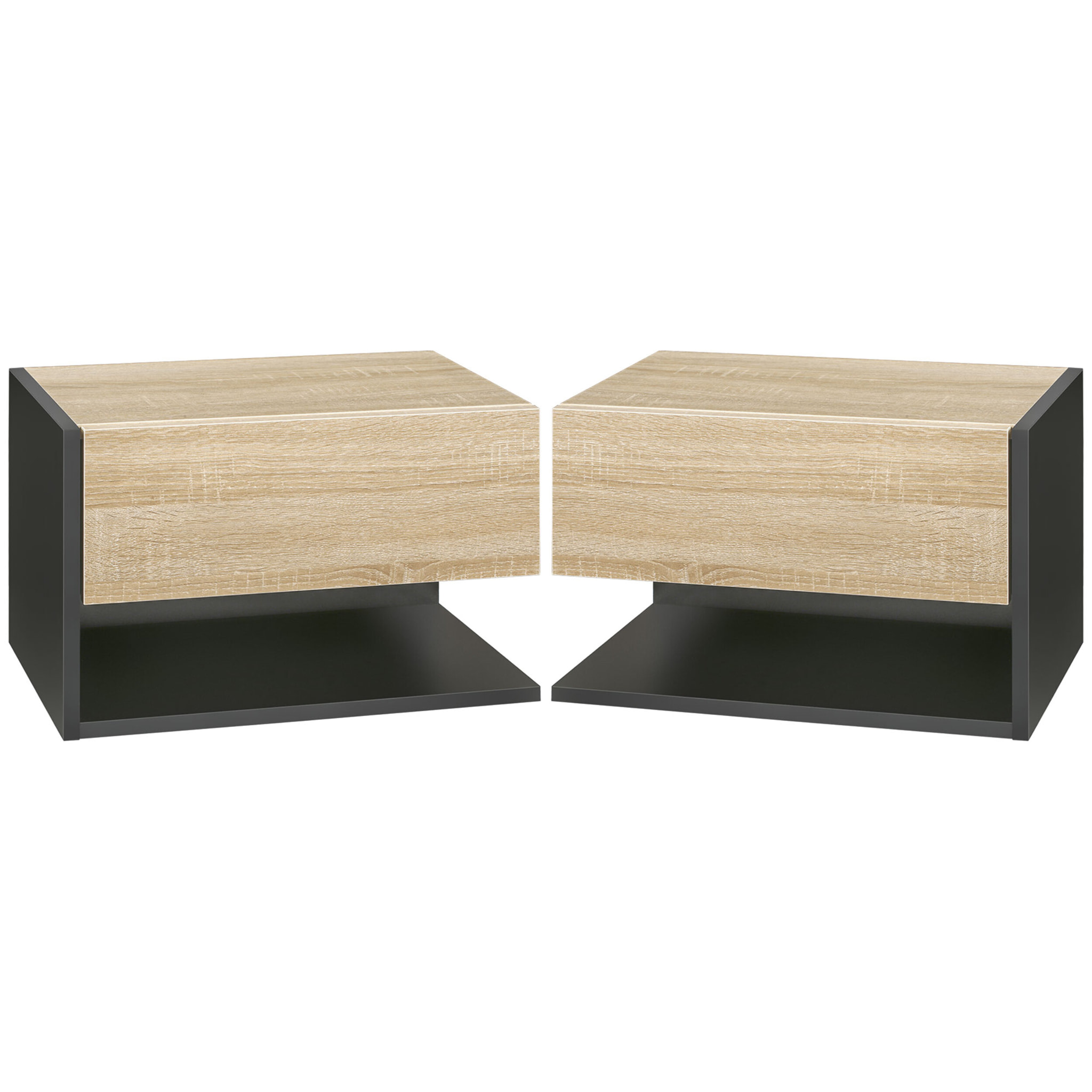 Juego de 2 Mesitas de Noche Flotantes Mesitas de Noche Colgantes con 1 Cajón y Estante Abierto para Dormitorio 46x30x30 cm Roble y Negro