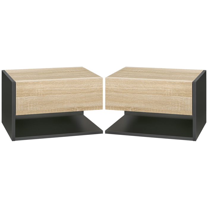 Juego de 2 Mesitas de Noche Flotantes Mesitas de Noche Colgantes con 1 Cajón y Estante Abierto para Dormitorio 46x30x30 cm Roble y Negro