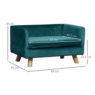 Canapé chien lit pour chien design scandinave coussin moelleux pieds bois massif dim. 64 x 45 x 36 cm velours bleu canard