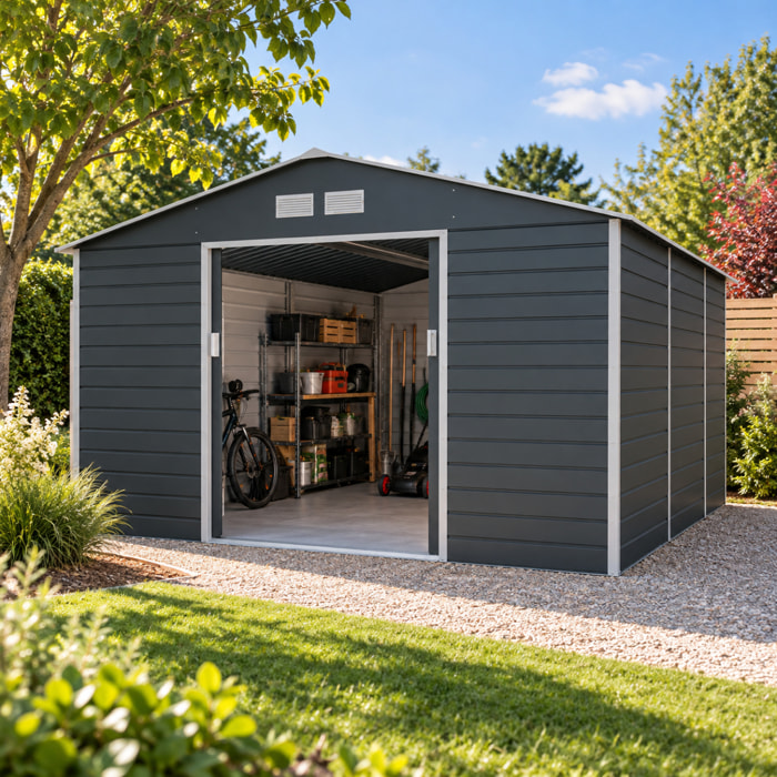Abri de jardin métal anthracite 12,27 m² + kit d'ancrage