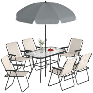 Conjunto de Mesa y Sillas Jardín de 8 Piezas, Muebles de Jardín Exterior con Sombrilla, 6 Sillas Plegables, Mesa de Vidrio Templado, para Terraza, Patio, Crema
