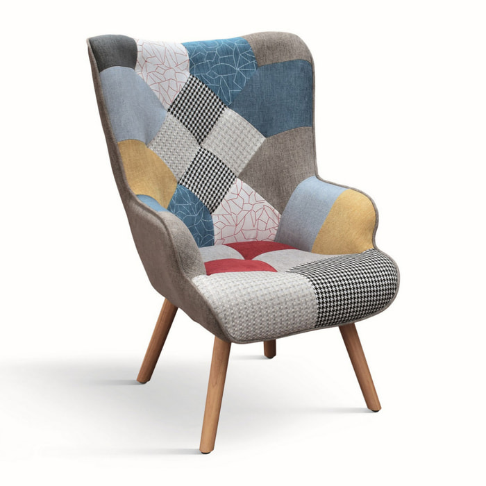 Poltrona HAVANA in tessuto patchwork multicolore e gambe in legno