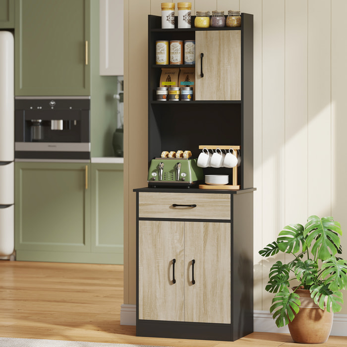 Buffet haut cuisine - 3 portes, 3 étagères, 2 niches plan de travail - dim. 60 x 40 x 180 cm - noir effet bois clair