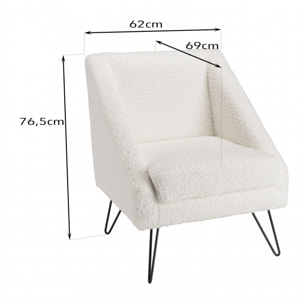 ALBANE - Fauteuil tissu bouclette blanc pieds épingles métal noir