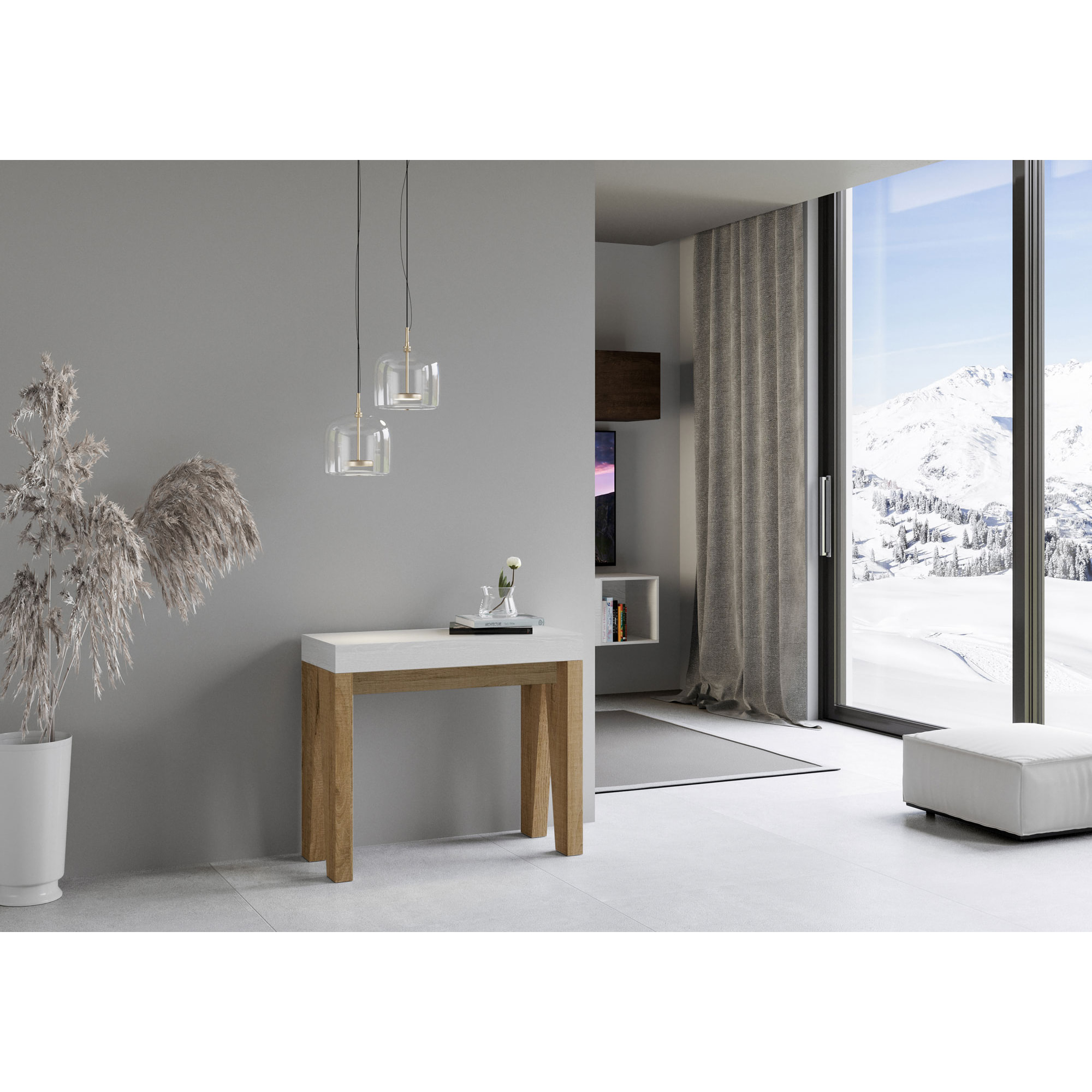 Console Naxy Small cm.90x42 (extensible à 196) dessus Frêne Blanc structure Chêne Nature