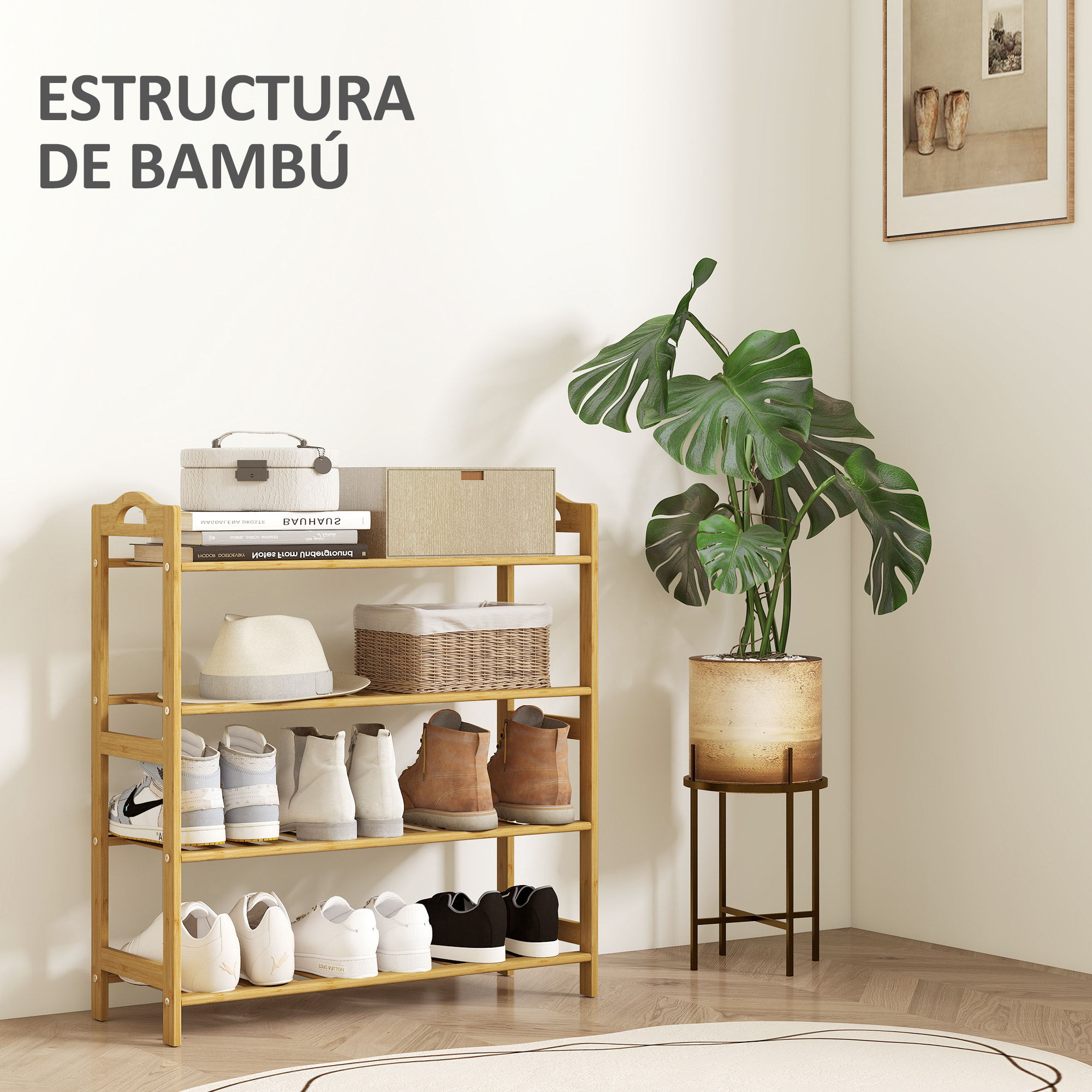 Zapatero de 4 Niveles Estantería para Zapatos de Bambú para 12 Pares de Zapatos para Entrada Pasillo Dormitorio 67,5x24,7x72 cm Natural