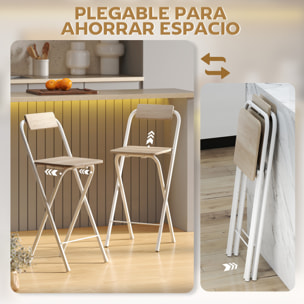 Juego de 2 Taburetes de Bar Plegables Taburetes Altos de Cocina con Respaldo Reposapiés y Marco de Acero para Comedor Mostrador Natural