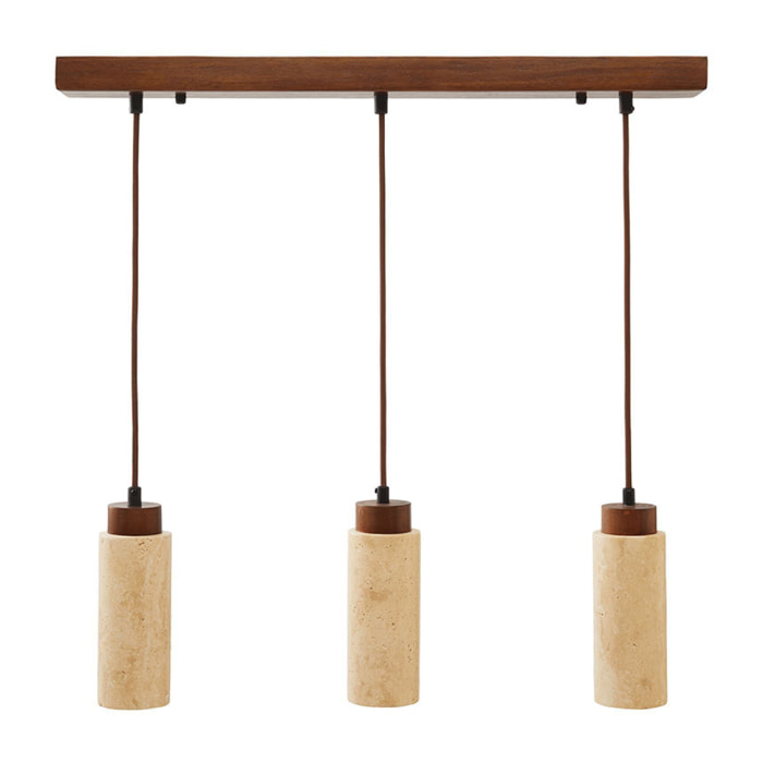 Suspension design 3 spots en travertin et effet bois TIVOLI