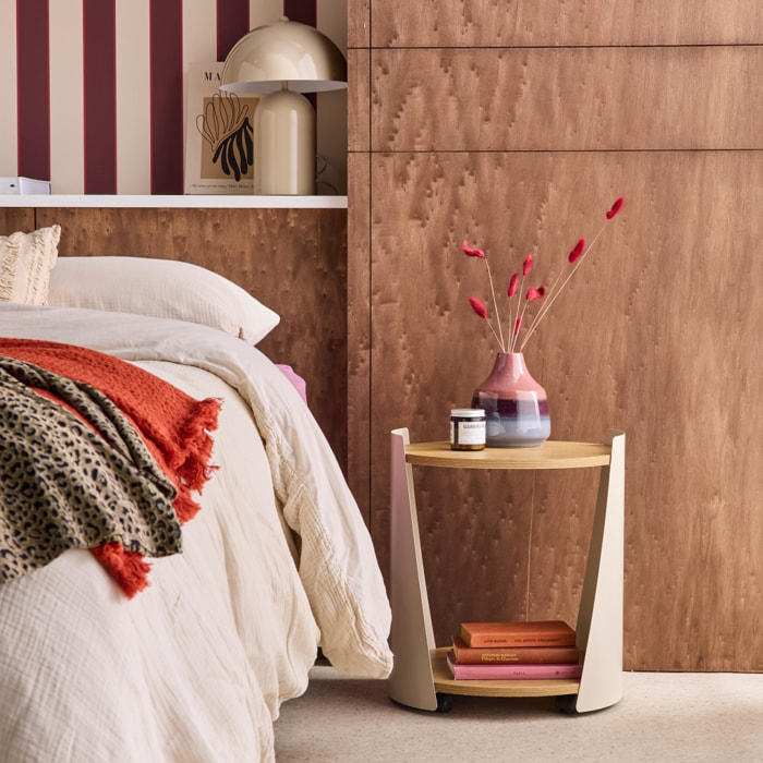 Table d'appoint, table de chevet métal courbé et décor bois avec roulettes MOLTO