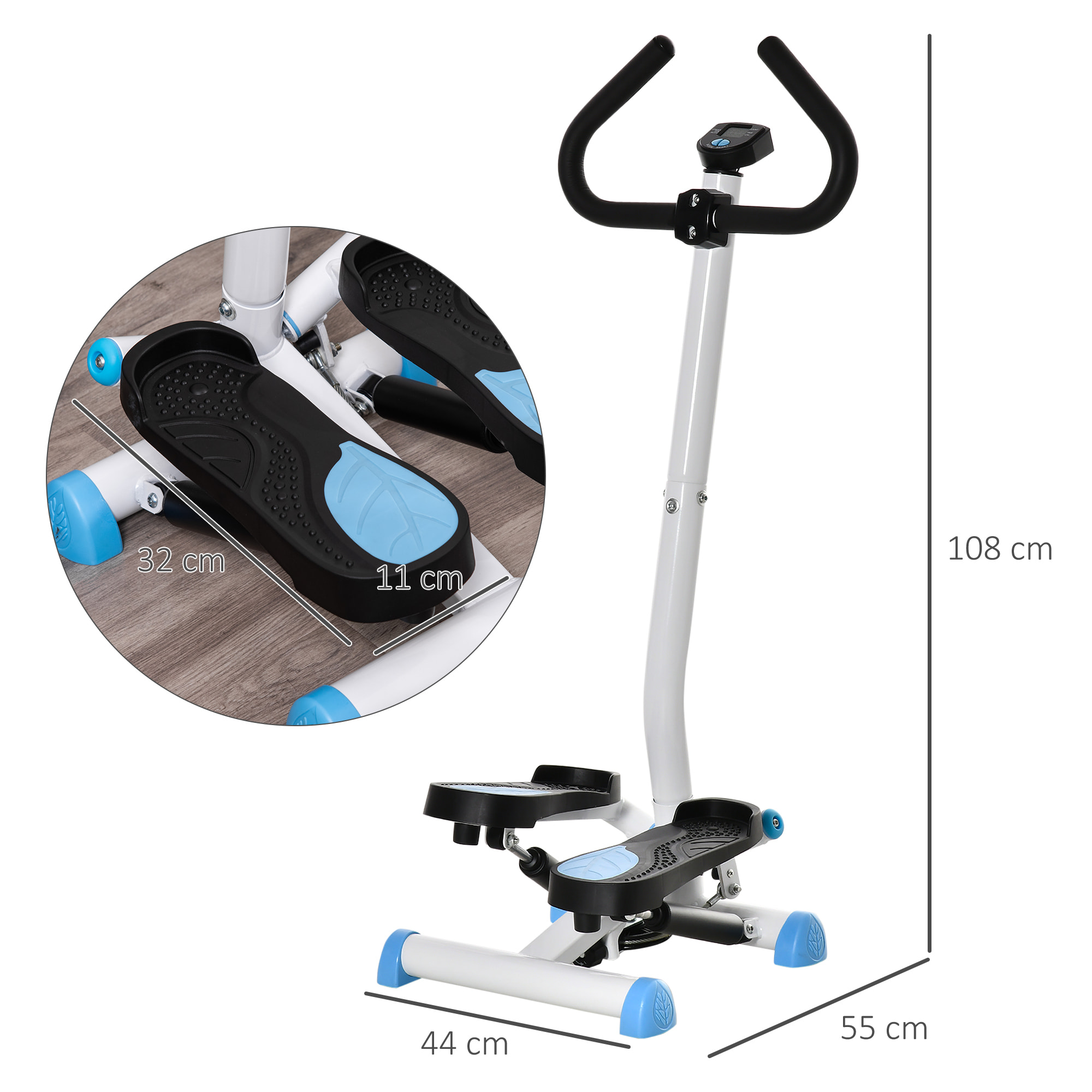 Máquina de Step Stepper Fitness en Casa para Escaleras con Pantalla LCD Manillar y Pedales Antideslizantes Equipo de Ejercicio para Gimnasio Oficina 55x44x108 cm Blanco y Azul