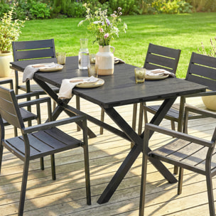 Table de jardin rectangulaire design 4-6 pers. piètement croisé plateau effet bois noir