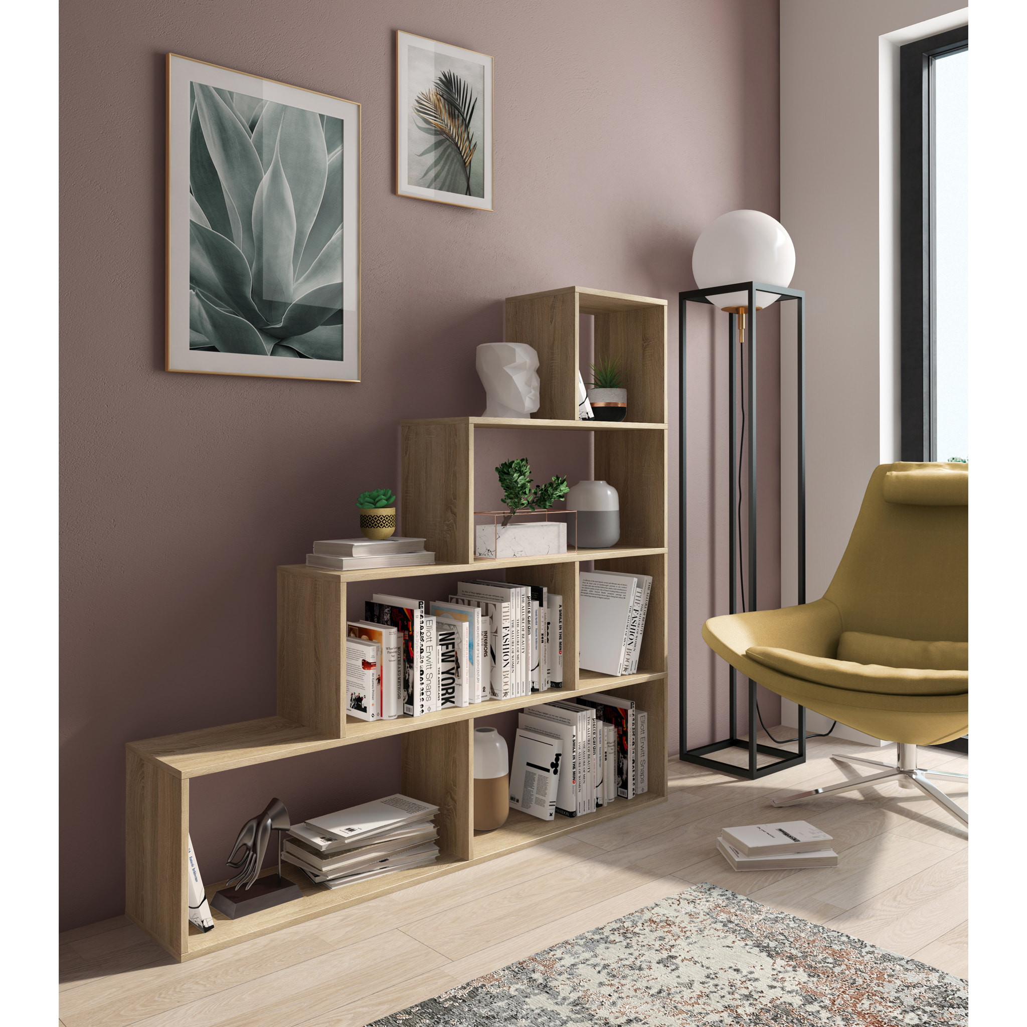 Libreria Design Zig Zag Scaffale Mensola Moderna 6 Vani A Giorni Ripiani Mobile Libri per Soggiorno Salotto Camera Studio 143x144.9x27.9 Cm Rovere