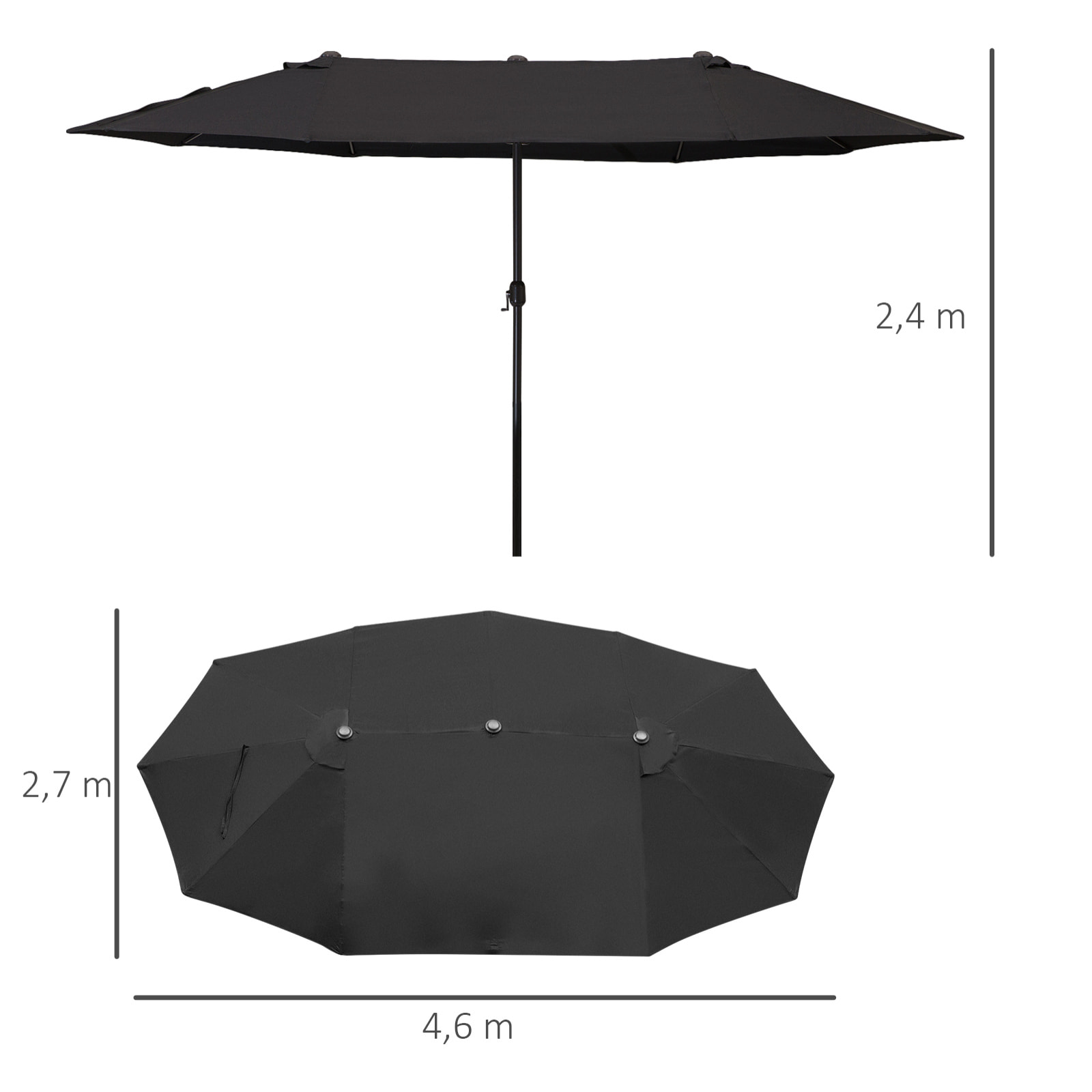 Parasol de jardin XXL parasol grande taille 4,6L x 2,7l x 2,4H m ouverture fermeture manivelle acier polyester haute densité noir