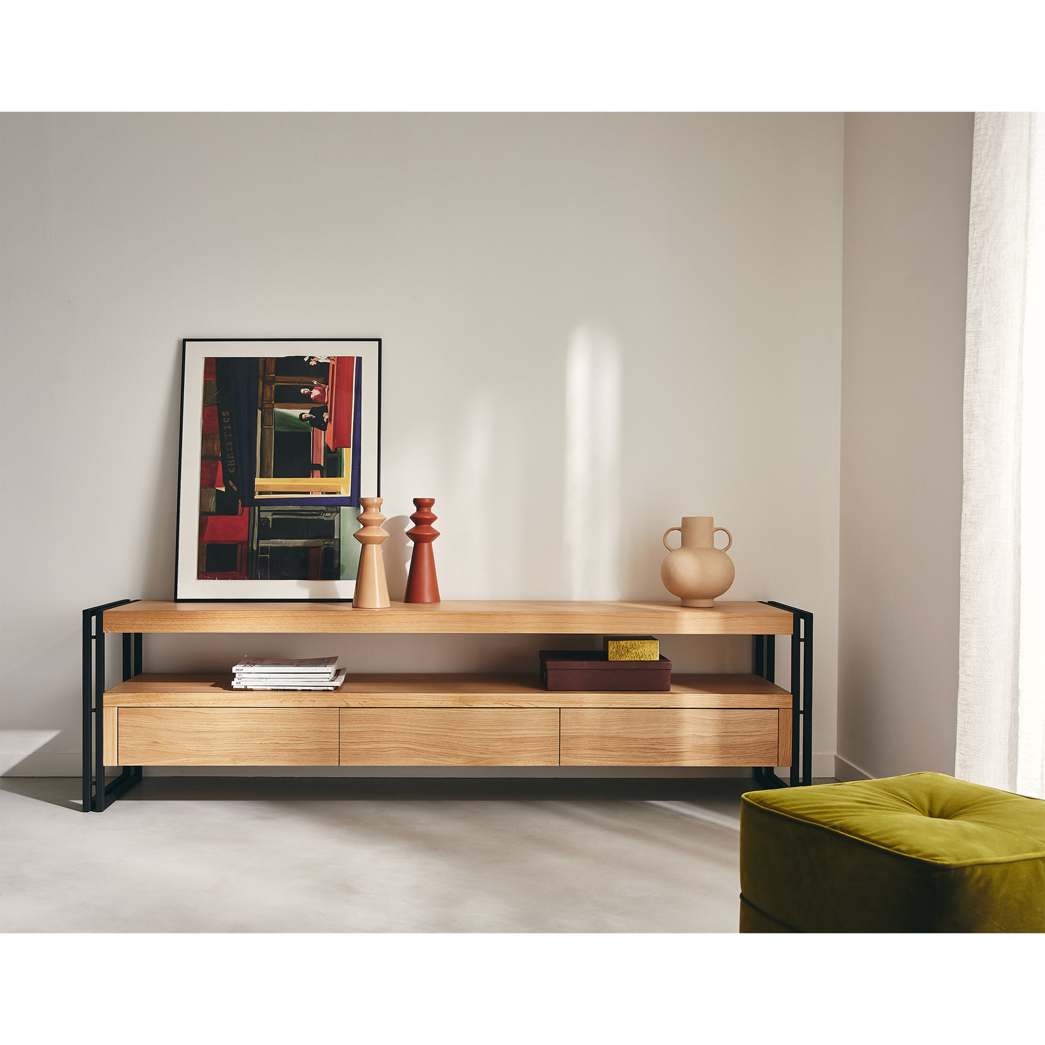 Bogota - meuble TV - bois plaquage chêne et noir - 200 cm - Bois / Noir