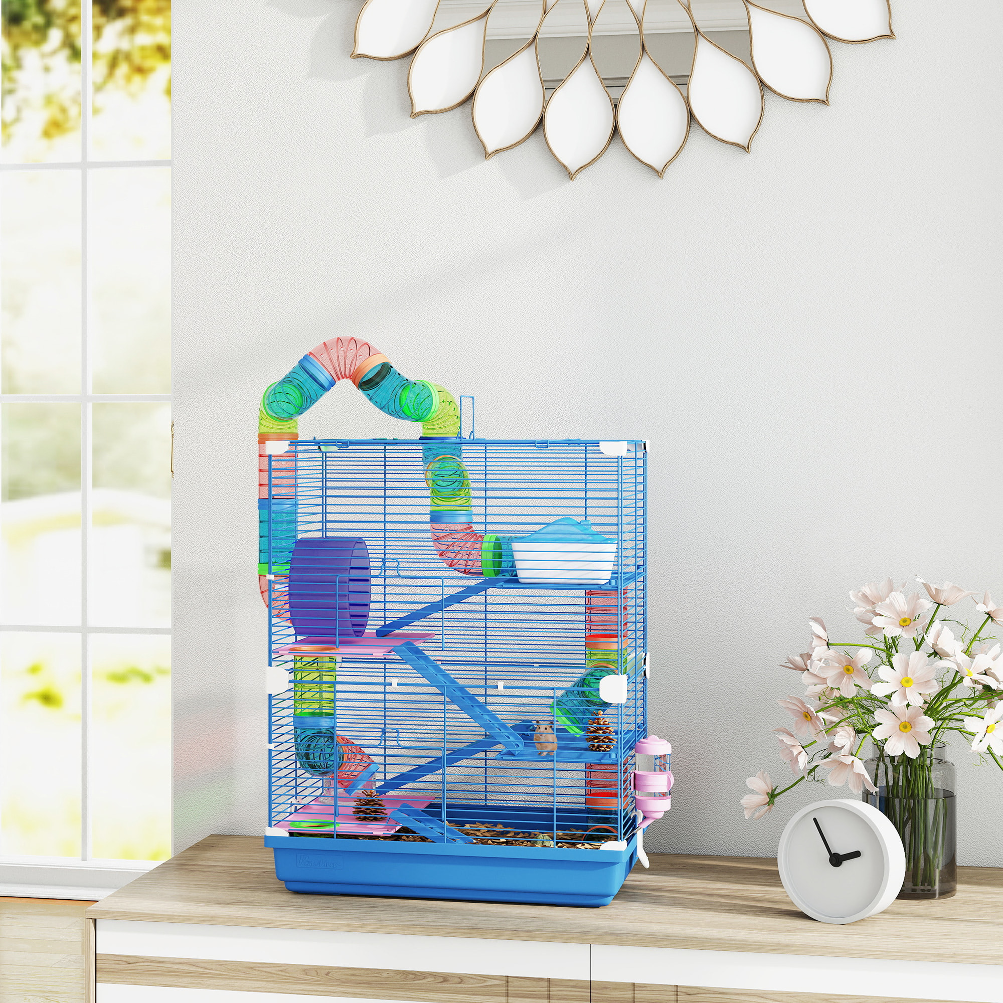 Cage pour hamster souris rongeur 4 étages avec tunnels mangeoire roue maison échelles dim. 46L x 30l x 58H cm bleu
