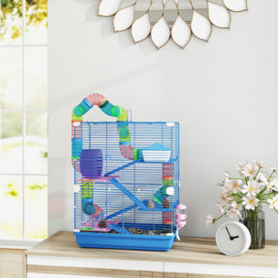 Cage pour hamster souris rongeur 4 étages avec tunnels mangeoire roue maison échelles dim. 46L x 30l x 58H cm bleu