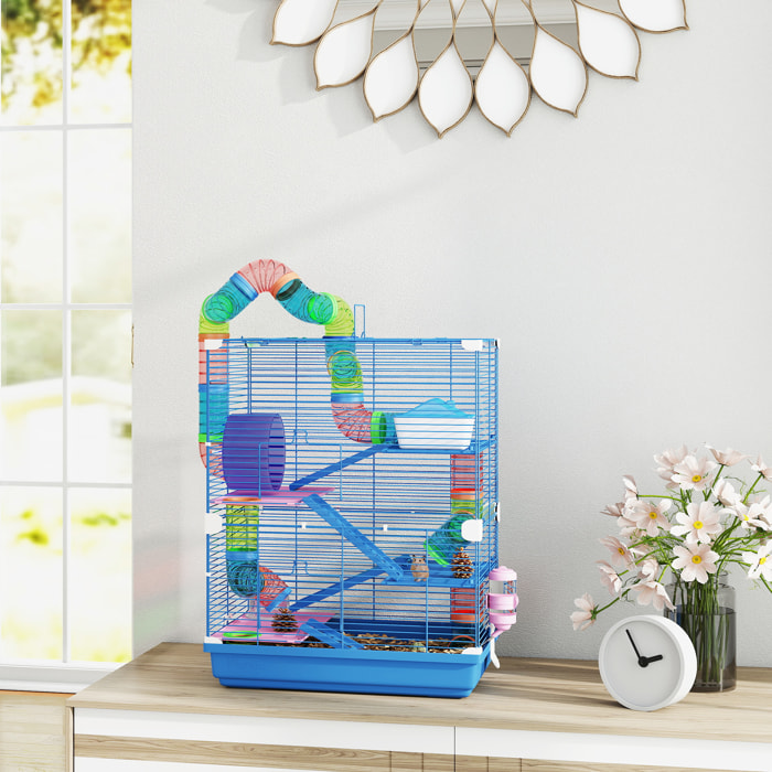 Cage pour hamster souris rongeur 4 étages avec tunnels mangeoire roue maison échelles dim. 46L x 30l x 58H cm bleu