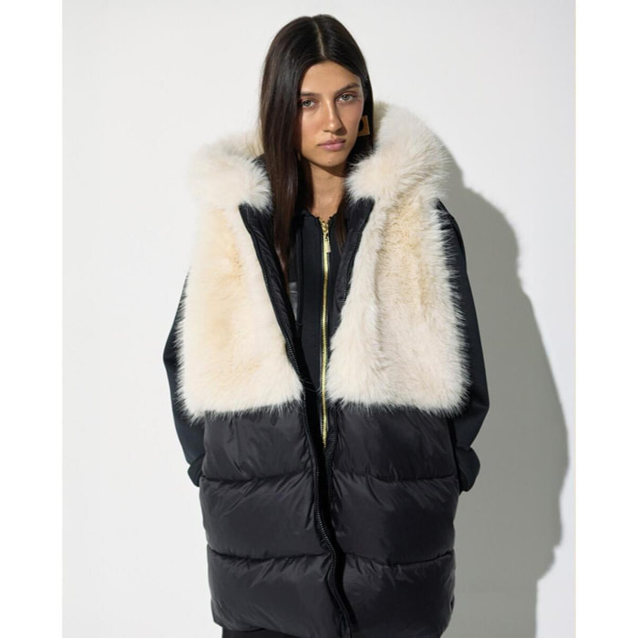 Gilet bicolore in nylon/pelliccia