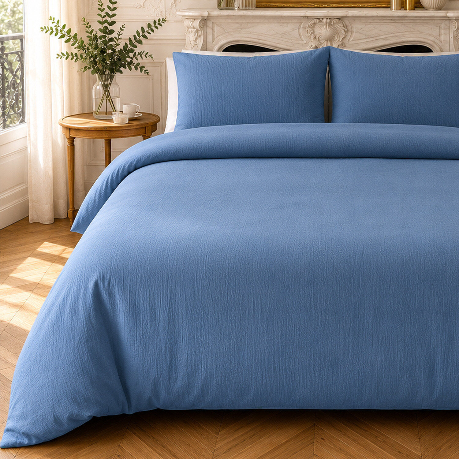Parure housse de couette 100% gaze de coton unie bleu mer, RELAX