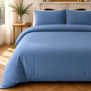 Parure housse de couette 100% gaze de coton unie bleu mer, RELAX