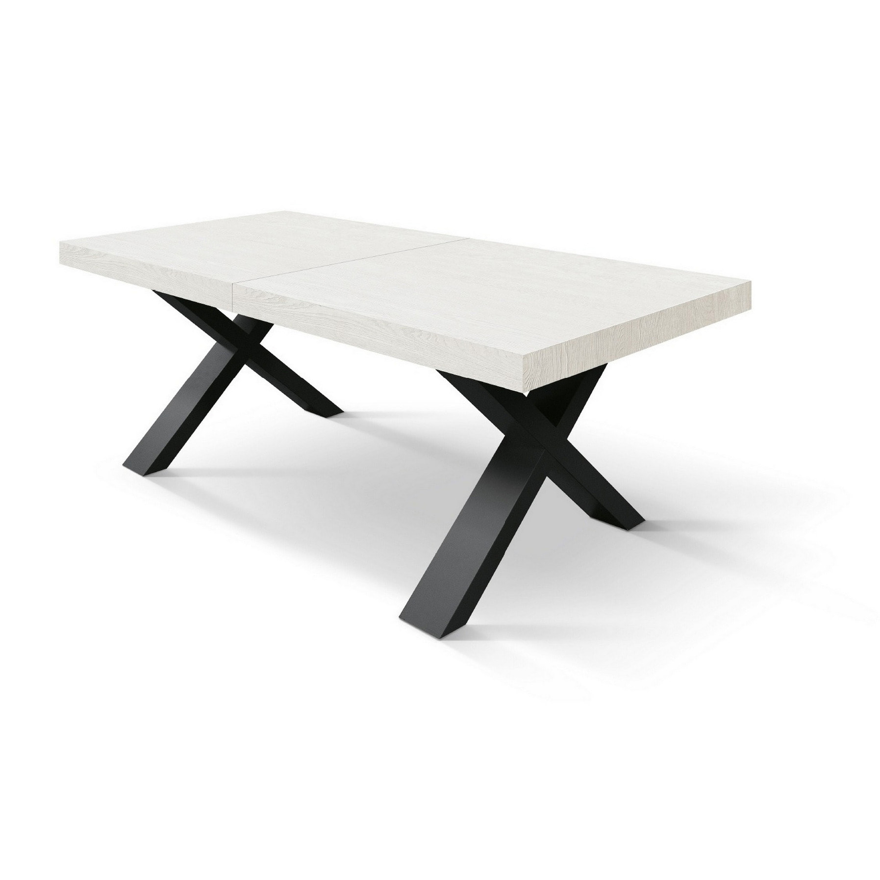 Tavolo allungabile AMALFI in legno effetto bianco frassinato e gambe a X antracite, allungabile 160x90 cm - 240x90 cm