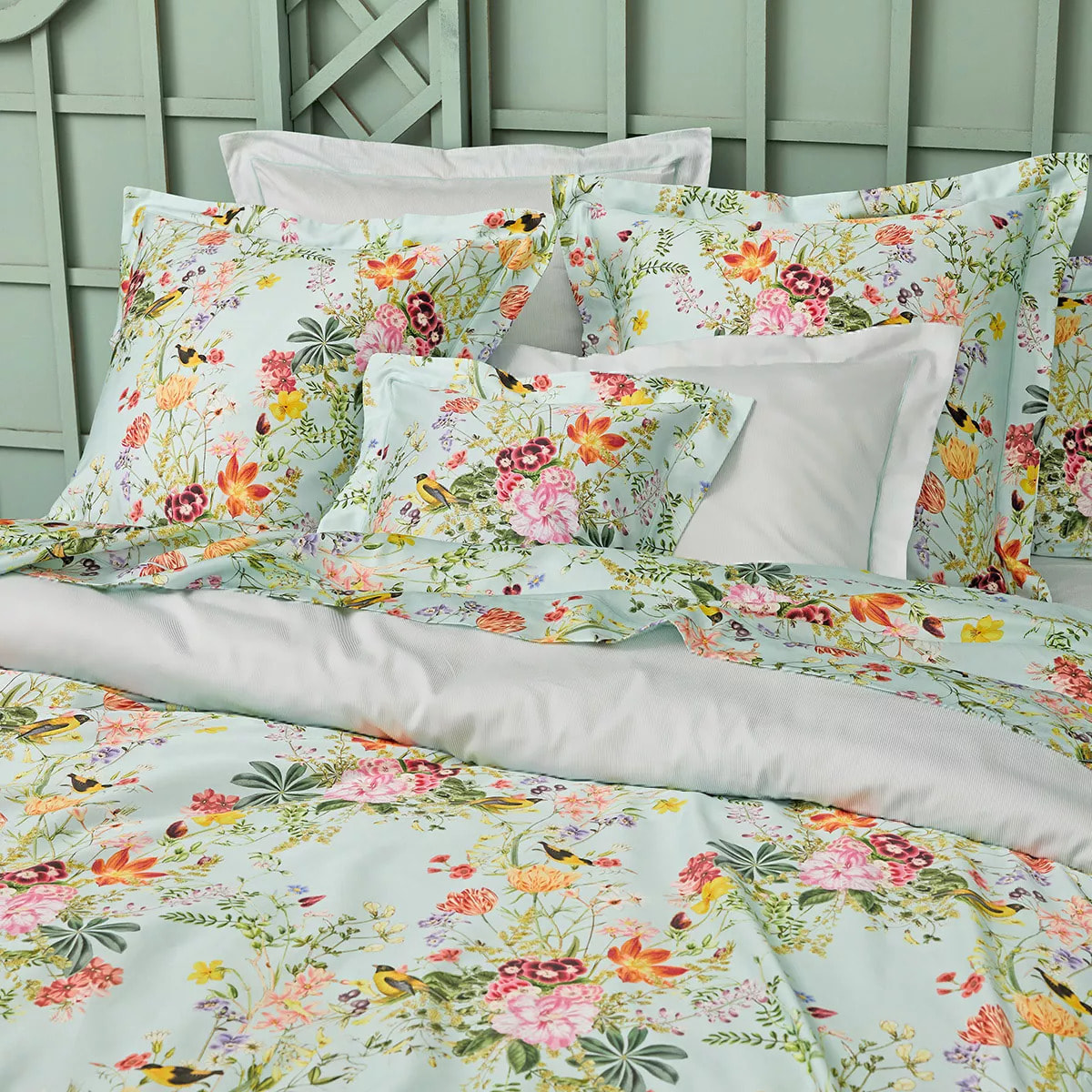Housse de couette satin de coton 115 g/m² imprimé multicolore Primavera vert d'eau