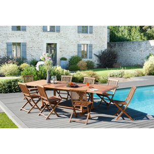 HANNA - SALON DE JARDIN EN BOIS TECK 10/12 pers - 1 Table rectangulaire extensible 200/300*120 cm et 8 chaises