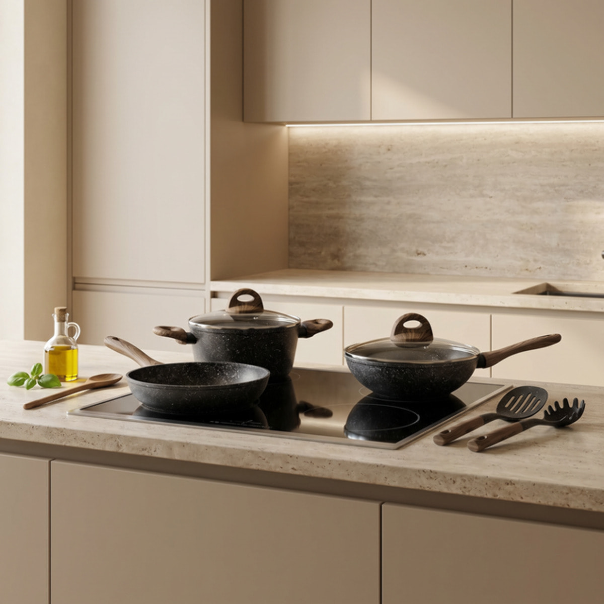 Set pentole e padelle 10 pezzi antiaderente stone, batteria cucina induzione con wok casseruola padella bistecchiera e utensili, rivestimento marmorizzato, manici soft touch effetto legno, adatto a tutti i piani cottura