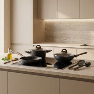 Set pentole e padelle 10 pezzi antiaderente stone, batteria cucina induzione con wok casseruola padella bistecchiera e utensili, rivestimento marmorizzato, manici soft touch effetto legno, adatto a tutti i piani cottura