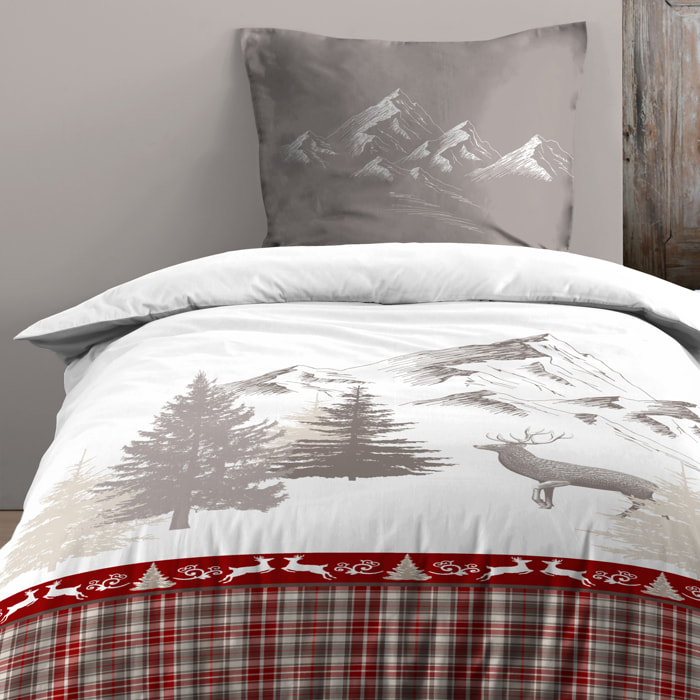 Parure de lit 2 pièces imprimée motif cerf et montagne housse + taie - Rouge