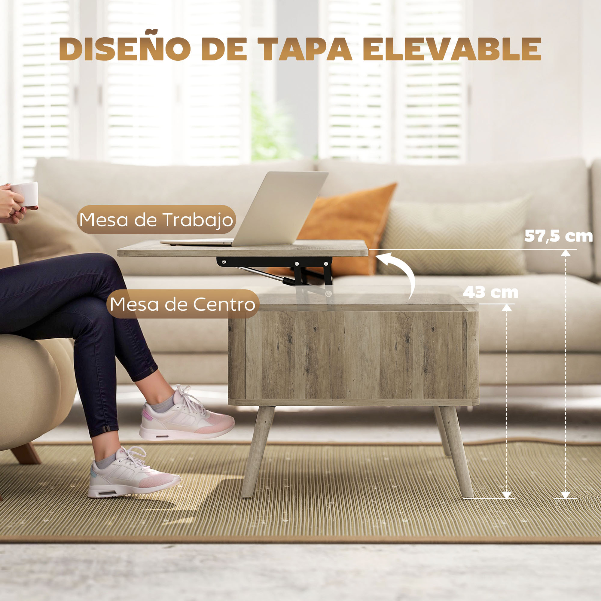 Mesa de Centro Elevable, Mesa de Café para Salón, Comedor, con Compartimentos Ocultos de Almacenaje y Patas de Pino, 91x56-80,5x43-57,5 cm, Roble